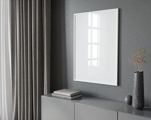 Frame mockup in gray interior in side view with glass reflect…