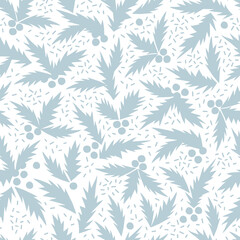 Naklejka na ściany i meble Holly Christmas berries vector seamless pattern. Neutral frozen blue Xmas seasonal plant background. Winter holidays botanical graphic print design.