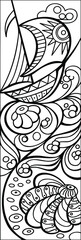 Sea, boat, waves. Bookmark for book - coloring pages. Doodle patterns. Set of black and white labels. Sketch of ornaments for creativity of children and adults. Colouring EPS 10