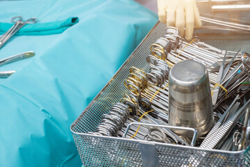Sterile scissors and other medical instruments. Surgical equipment and medical devices in operating...