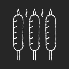 Grilled sausages chalk white icon on black background. Summer side dishes. Meat product for barbecue. Frying. Sear-roasting on grill. Outdoor picnic. Isolated vector chalkboard illustration