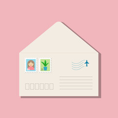 Beige opened envelope, postage stamps with brown-haired girl in pink clothes, green plant in blue pot. With shadow, isolated on pink background. Vector illustration, trendy style, cozy pastel colours