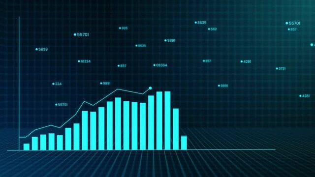 Growing business bar chart digital concept. Hi-tech style technology chart with a grid and random numbers. 3D rotation camera movement with depth of field. 4K resolution animation.