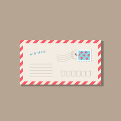 Beige envelope with frame of red stripes. Postage stamp with red apples on blue background. With shadow, isolated on dark beige background. Vector illustration, trendy style, cozy pastel colours