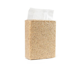 Brown rice in transparent plastic vacuum sealed bag isolated on white background with clipping path.