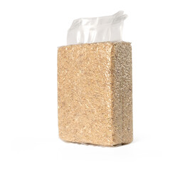 Brown rice in transparent plastic vacuum sealed bag isolated on white background with clipping path.