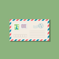 Beige envelope with frame of blue and red stripes. Postage stamps with Eiffel Tower and strawberries. With shadow, isolated on green background. Vector illustration, trendy style, cozy pastel colours