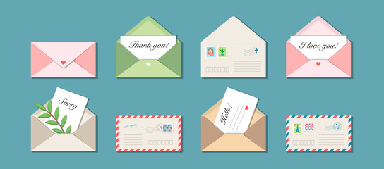 Set of eight vector envelopes with postmarks and postage stamps. Messages Thank you, I love you, Hello, Sorry with olive branch as a symbol of peace inside. Pastel colours. Isolated on blue background