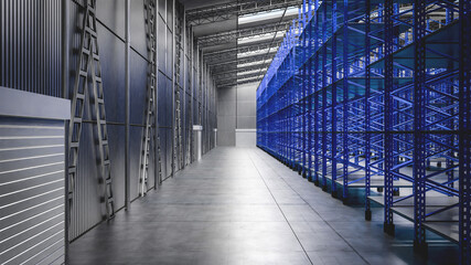 Warehouse with empty shelves - 3D illustration