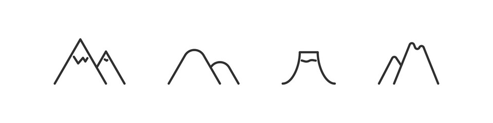 Montain vector line style simple icon collection, mountains range vector linear symbol set.