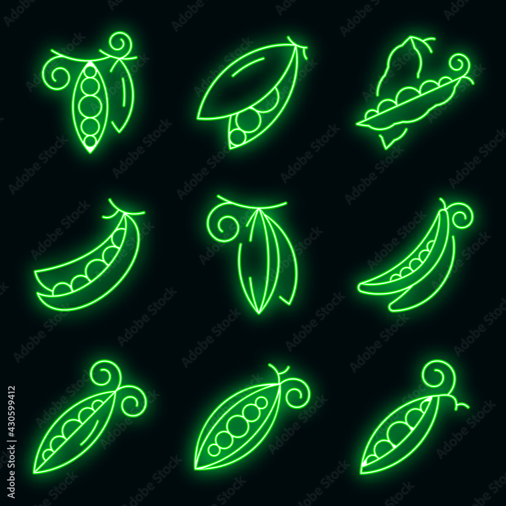 Wall mural Peas icons set. Outline set of peas vector icons neon color on black - Wall murals