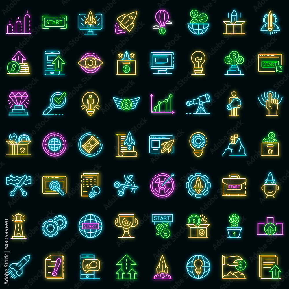 Poster startup icons set. outline set of startup vector icons neon color on black