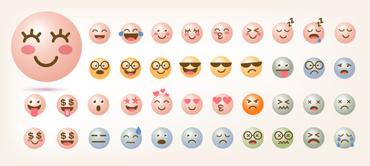 Round abstract comic Faces with various Emotions. Social Media Pastel Icons Set. Cute Cartoon style. Trendy Vector illustration EPS10.