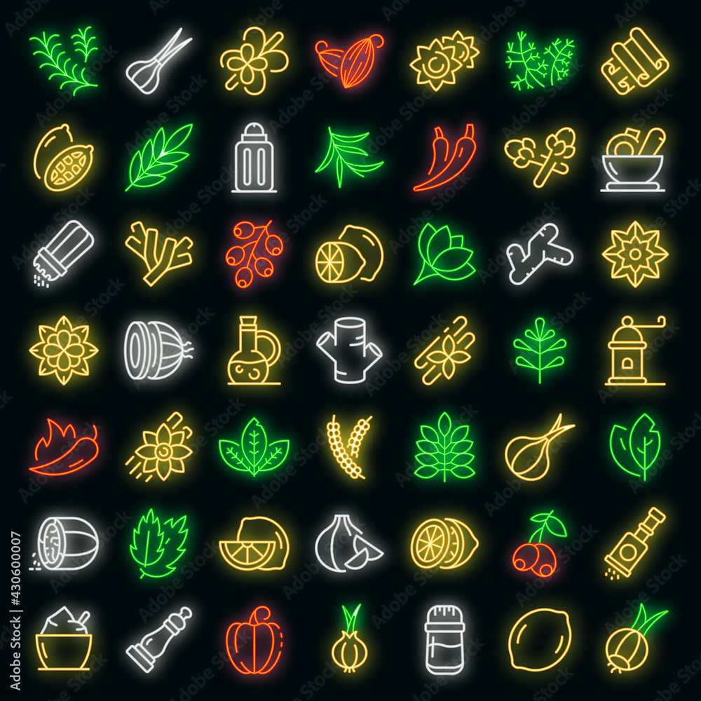 Poster condiment icons set. outline set of condiment vector icons neon color on black