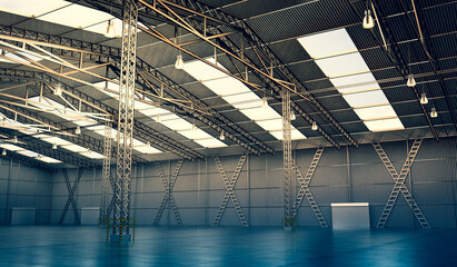 Empty warehouse with roof windows and several pillars - 3D illustration