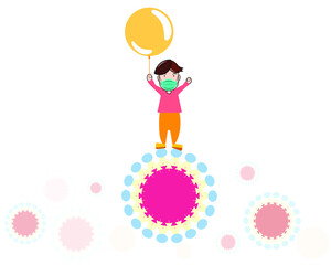 Happy young masked man holding orange  balloons and flying over danger virus (Flu, Coronavirus). Victory over the virus concept. Vector Illustration. Isolated on white background.