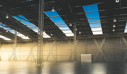 Empty warehouse with roof windows and several pillars - 3D illustration