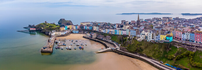 An aerial panorama view of Tenby, South Wales in springtime