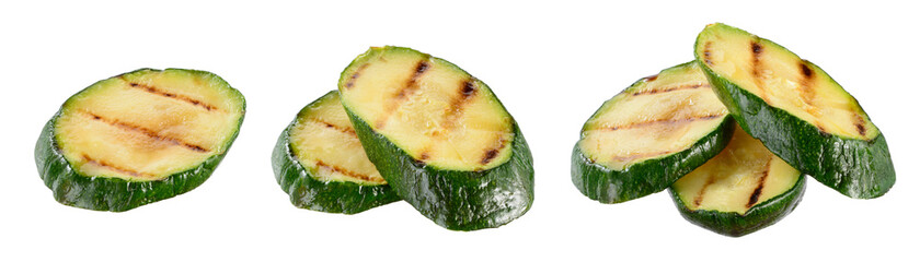 Grilled zucchini. Zucchini slices isolated. Grilled green zucchini. Cut squash.