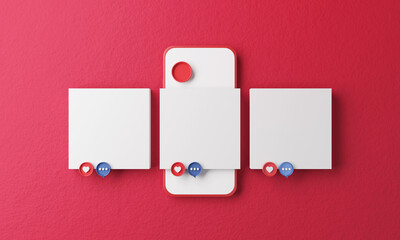 Post blank template in application with social media on mobile phone. 3d render.