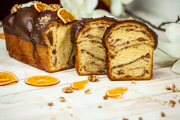 Panettone is an Italian type of sweet bread. Freshly baked sweet braided bread. Eastern European freshly baked dessert