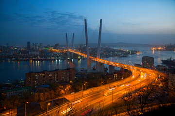 Fototapeta na wymiar Zolotoy Bridge (Golden Bridge) at night - cable-stayed bridge over the Golden Horn Bay in Vladivostok, Russia