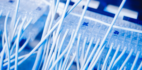 Concept internet data center blue background. Banner fiber ethernet cable on network switches optical connector interface