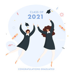 Congratulations Graduates Class Of 2021 Concept With Cheerful Female Students On White Background.