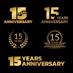 15 years anniversary icon or logo set. 15th birthday celebration badge or label for invitation card, jubilee design. Vector illustration.