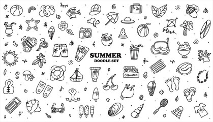 A Big vector doodle summer set. Hand draw accessories for beach holidays by the sea. Flat design Illustration for ads, web, flyers, and banners. Set of drawn by hand icons. Summer fruits, food