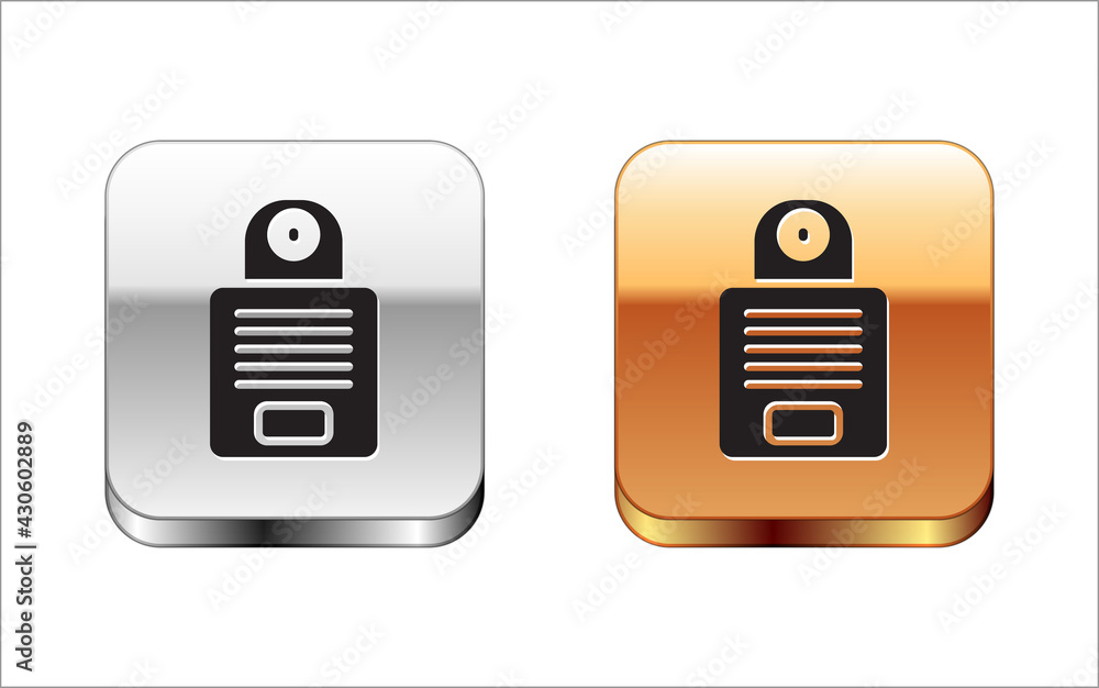 Poster black intercom icon isolated on white background. silver and gold square buttons. vector