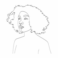 Line Art Woman Face Drawing. Black Woman Vector. Afro American Female Logo. Contouring Line. Minimalist Face. Beauty salon