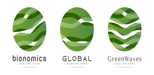 Abstract graphic green global logo with wavy lines in sphere business company.Design template nature icon,eco bio technology sign,organic symbol,natural cosmetics,vegan food,medical,healthcare.Vector
