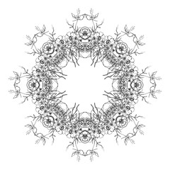 Floral black and white round pattern - Ornamental abstraction isolated on white background