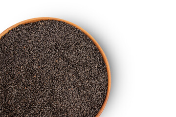 Healthy basil seeds in wooden bowl on white background, top view, copy space