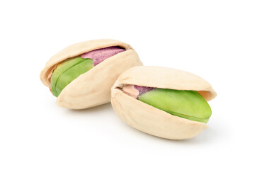 Close-up Pair of  pistachio nuts isolated on a white background. Clipping path