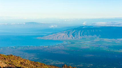 Landscape view of maui and lanai island at Haleakala summit looking down ,Maui, Hawaii