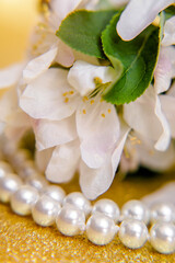 Fototapeta na wymiar Pearl necklace and Apple blossom branch on a Golden background 