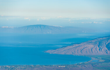 Landscape view of lanai island at Haleakala summit looking down ,Maui, Hawaii