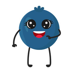 Cartoon blueberry with cute face. Illustration with funny and healthy food. Isolated on white background. Vegan concept