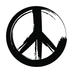 Isolated hand-drawn peace symbol, drawn with brush strokes in black ink