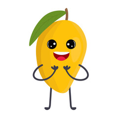 Cartoon mango with cute face. Illustration with funny and healthy food. Isolated on white background. Vegan concept