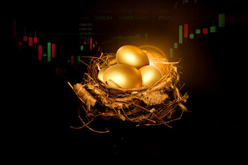 The golden eggs are placed in the nest on the background of the stock market.