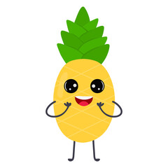 Cartoon pineapple with cute face. Illustration with funny and healthy food. Isolated on white background. Vegan concept