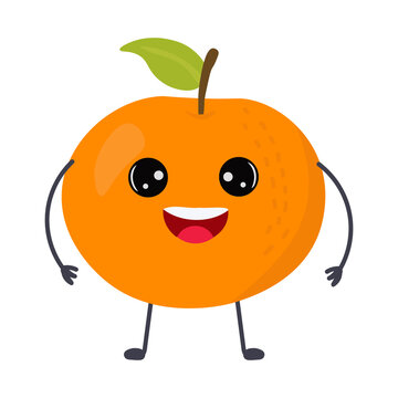 Cartoon orange with cute face. Illustration with funny and healthy food. Isolated on white background. Vegan concept