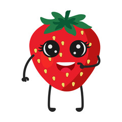 Cartoon Strawberry with cute face. Illustration with funny and healthy food. Isolated on white background. Vegan concept