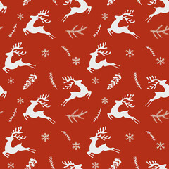 Christmas seamless pattern with forest cute deer animals, fir, pine twigs and snowflakes. Beautiful pattern for gift wrapping papers, greeting cards, decoration.