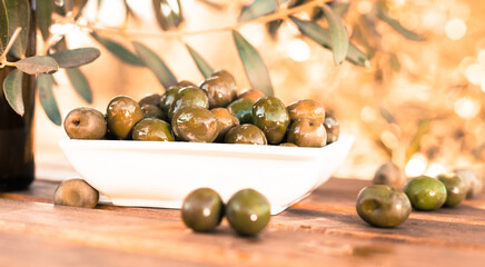 olives on table in an olive grove