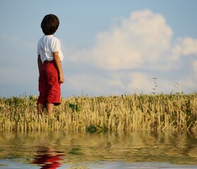 Kid boy standing on nice field alone