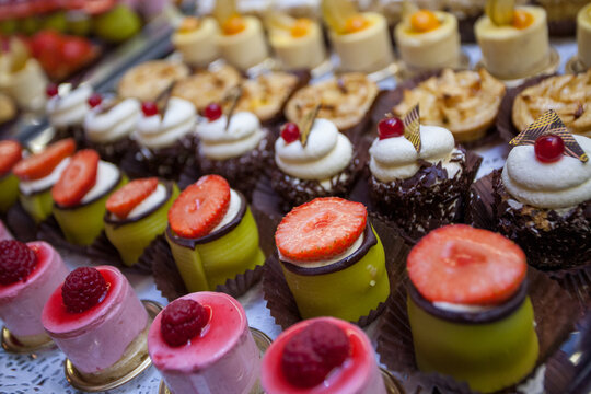 Delicious Catering Plate Of Sweet Desserts Combo Types. High Quality Photo